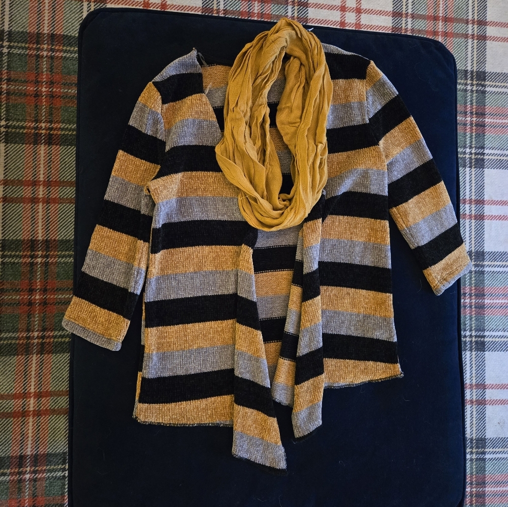 Beautees Black and Gold Striped Cardigan with Scarf